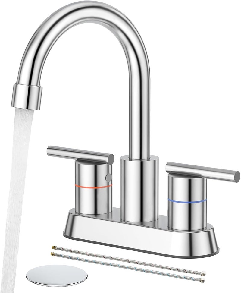 faustina Polished Chrome Bathroom Faucet, 4 Inch Centerset Bathroom Faucet for Sink 2 Holes 3 Holes，Two Handles 304 Stainless Steel Faucet with Pup up Drain and 2 Water Supply Lines for RV Vanity - Image 1